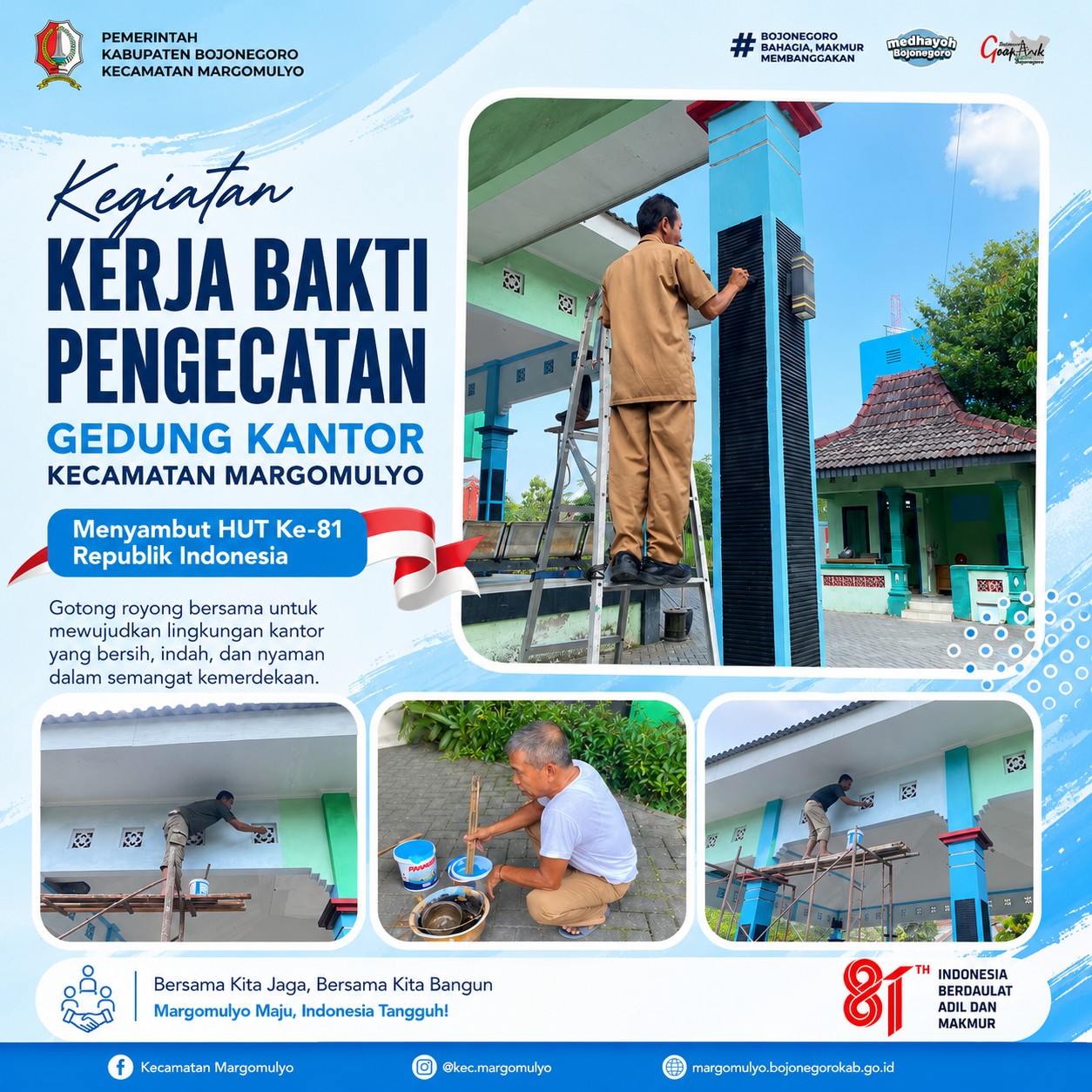 Kerja Bakti Pengecatan Gedung Kantor Kecamatan Margomulyo, Sambut HUT Ke-81 Republik Indonesia