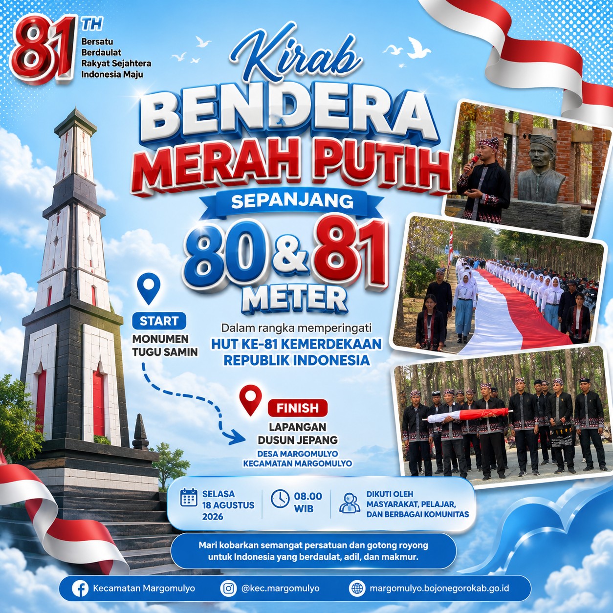 Kirab Bendera Merah Putih Sepanjang 80 dan 81 Meter, Semarakkan HUT Ke-81 RI di Margomulyo
