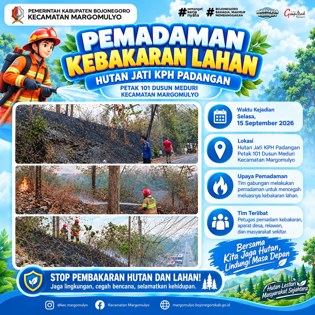 Gerak Cepat Padamkan Kebakaran Lahan di Hutan Jati KPH Padangan, Kecamatan Margomulyo