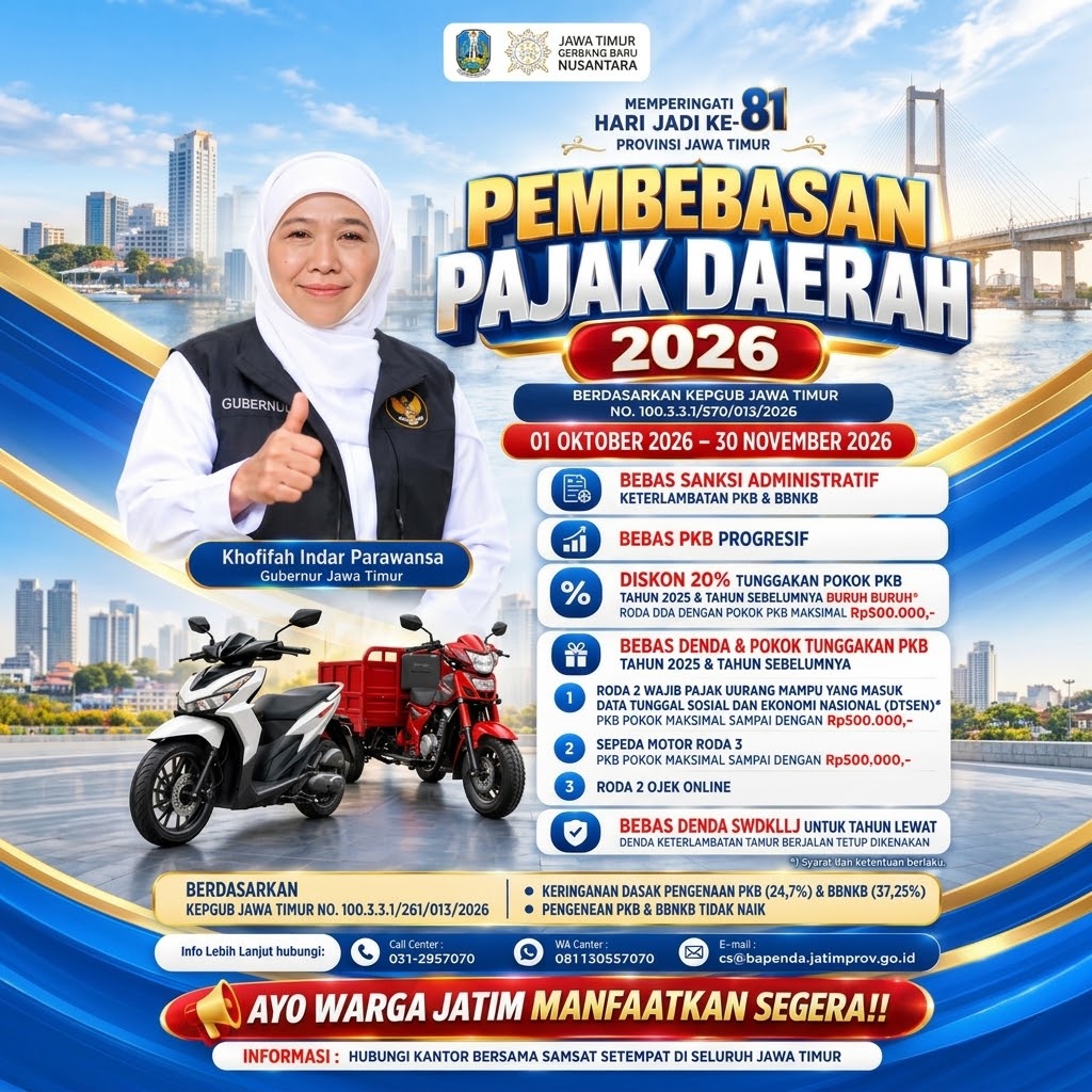Pembebasan Pajak Daerah Jatim 2026, Saatnya Warga Manfaatkan Keringanan PKB dan BBNKB